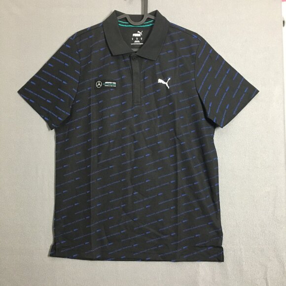 PUMA MAPF1 AOP Mens Medium Polo Shirt Short Sleeve Black Mercedes Benz Print NWT - Picture 2 of 16